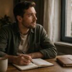 Mann sitzt mit Kaffee und Notizbuch am Tisch und denkt über einen Neustart im Leben nach