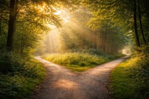 Weggabelung im Wald als Symbol für Entscheidungen bei einem Neustart im Leben