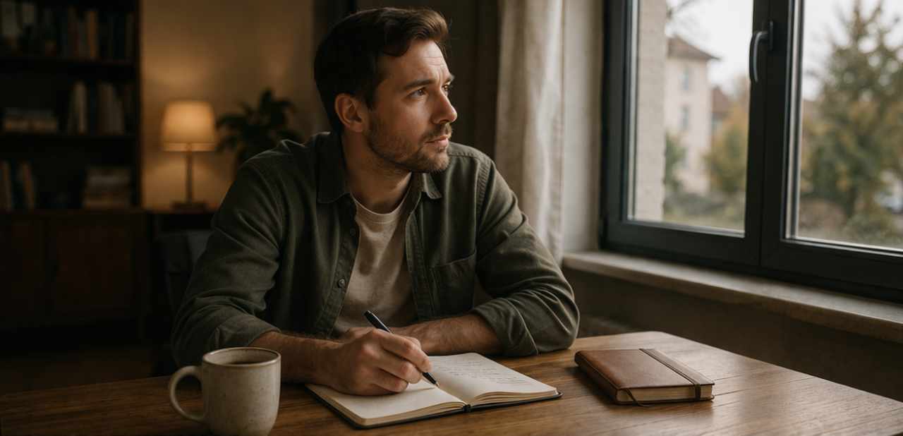 Mann sitzt mit Kaffee und Notizbuch am Tisch und denkt über einen Neustart im Leben nach