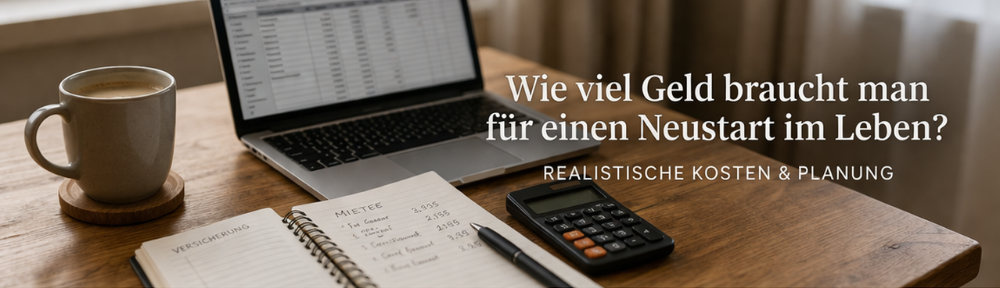 Planung der Kosten für einen Neustart im Leben mit Laptop, Notizen und Taschenrechner