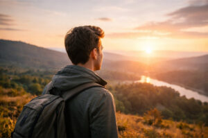 Nachdenkliche Person blickt in die Ferne und denkt über einen Neustart im Leben nach