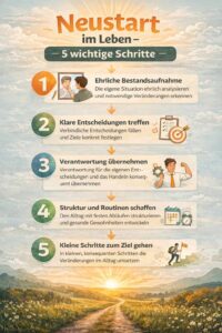 Infografik zeigt die wichtigsten Schritte für einen erfolgreichen Neustart im Leben