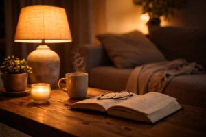 Ruhiger Abend mit warmem Licht, Buch und Tasse auf dem Tisch