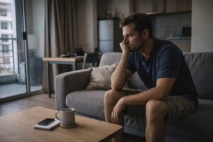 Mann sitzt alleine nachdenklich auf einem Sofa in einer Wohnung