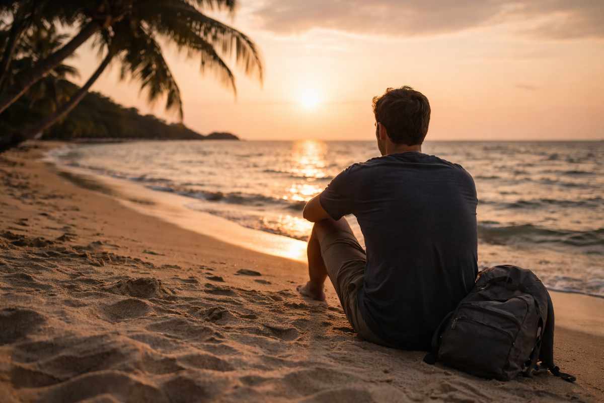 Mann sitzt alleine am Strand bei Sonnenuntergang und blickt aufs Meer