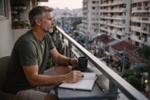 Älterer Mann sitzt auf einem Balkon im Ausland mit Kaffee und Notizbuch und blickt nachdenklich auf die Stadt