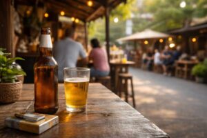 Bierflasche und Glas auf einem Tisch in einer Bar am Nachmittag in Südostasien