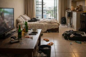 Unordentliche Wohnung im Alltag im Ausland mit leeren Bierflaschen und herumliegenden Sachen