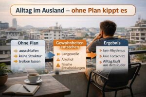 Infografik zeigt wie fehlende Struktur im Ausland zu Gewohnheiten und Problemen im Alltag führt