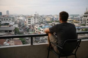 Mann sitzt auf einem Balkon im Ausland und schaut nachdenklich auf eine Stadt