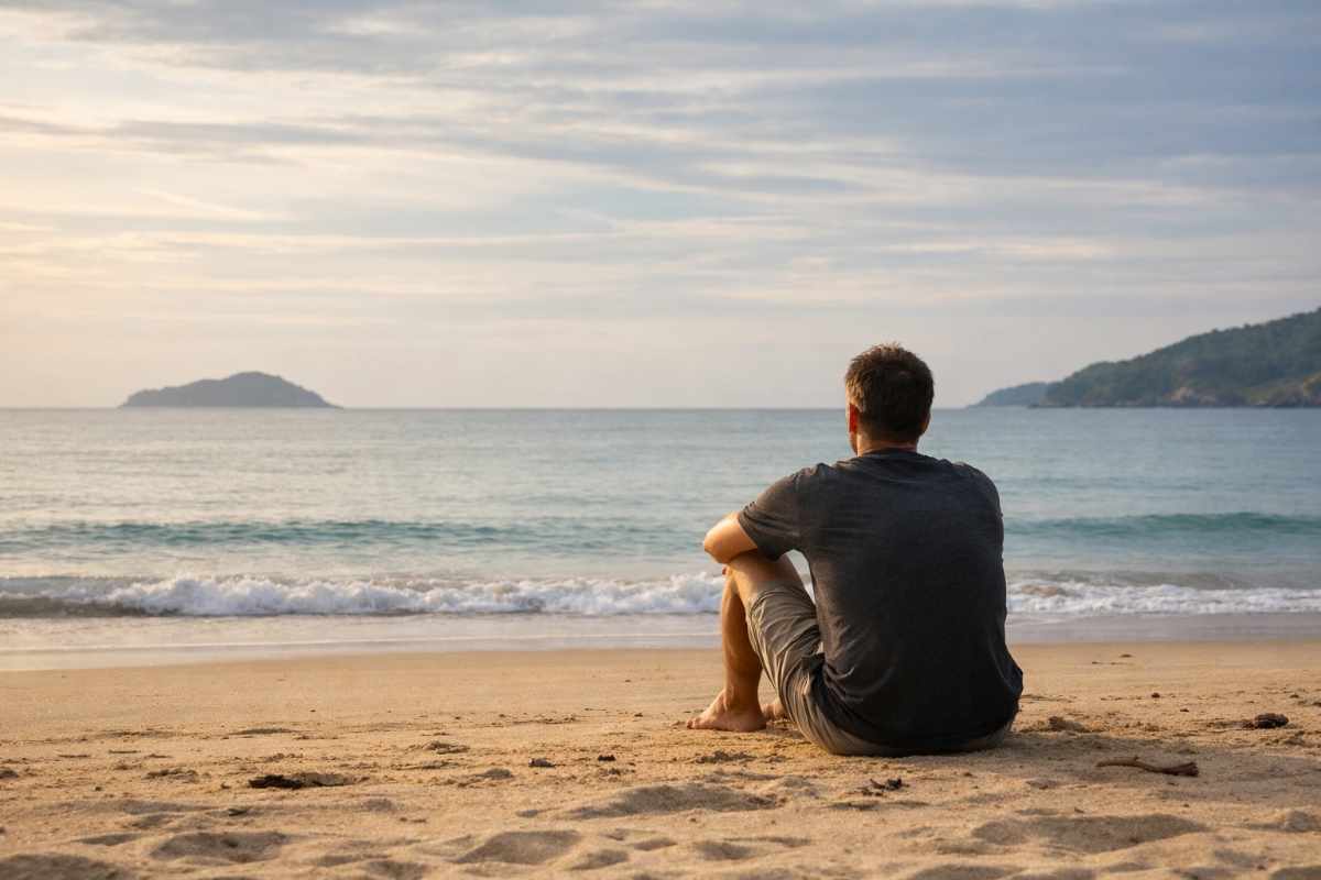 Alltag im Ausland - Mann sitzt alleine am Strand und schaut auf das Meer