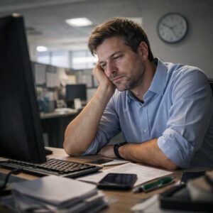 Person sitzt gelangweilt im Büro und fühlt sich im Alltag gefangen