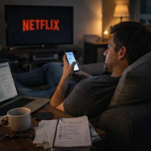 Person sitzt auf Sofa und schiebt wichtige Aufgaben im Leben auf