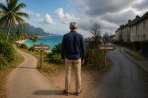 Älterer Mann steht an Weggabelung zwischen tropischer Landschaft und grauer Wohngegend – Entscheidung beim Auswandern