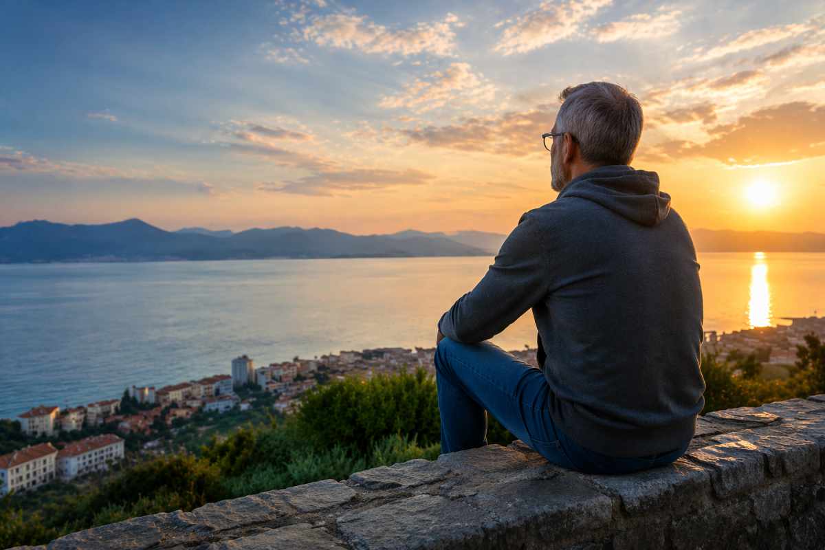 Älterer Mann sitzt auf einer Mauer und blickt über Meer und Stadt bei Sonnenuntergang – Auswandern Fazit