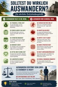 Infografik Auswandern Fazit mit Entscheidungshilfe zwischen neuem Leben und altem Alltag