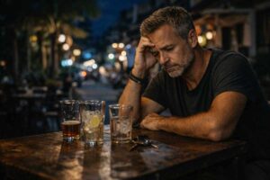 Mann sitzt alleine in Bar mit mehreren Getränken – typische Auswandern Fehler durch fehlende Struktur im Alltag