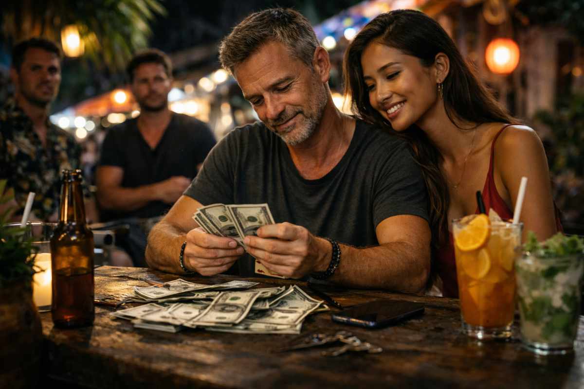 Mann mit Geld und asiatischer Frau in Bar – typische Auswandern Fehler bei finanziellen Entscheidungen im Ausland