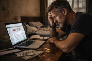 Mann schaut auf Laptop mit negativem Kontostand – Auswandern Fehler durch finanzielle Fehleinschätzung