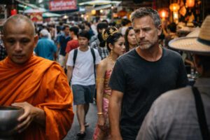 Mann fühlt sich fremd in asiatischem Markt – typische Auswandern Fehler durch fehlende Anpassung an Kultur