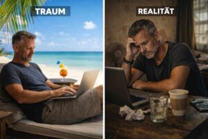 Split Bild Traum vs Realität beim Auswandern – Strandleben und stressiger Alltag im Vergleich