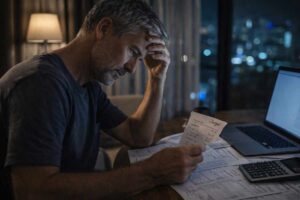 Mann denkt über finanzielle Fehler im Ausland nach Planung