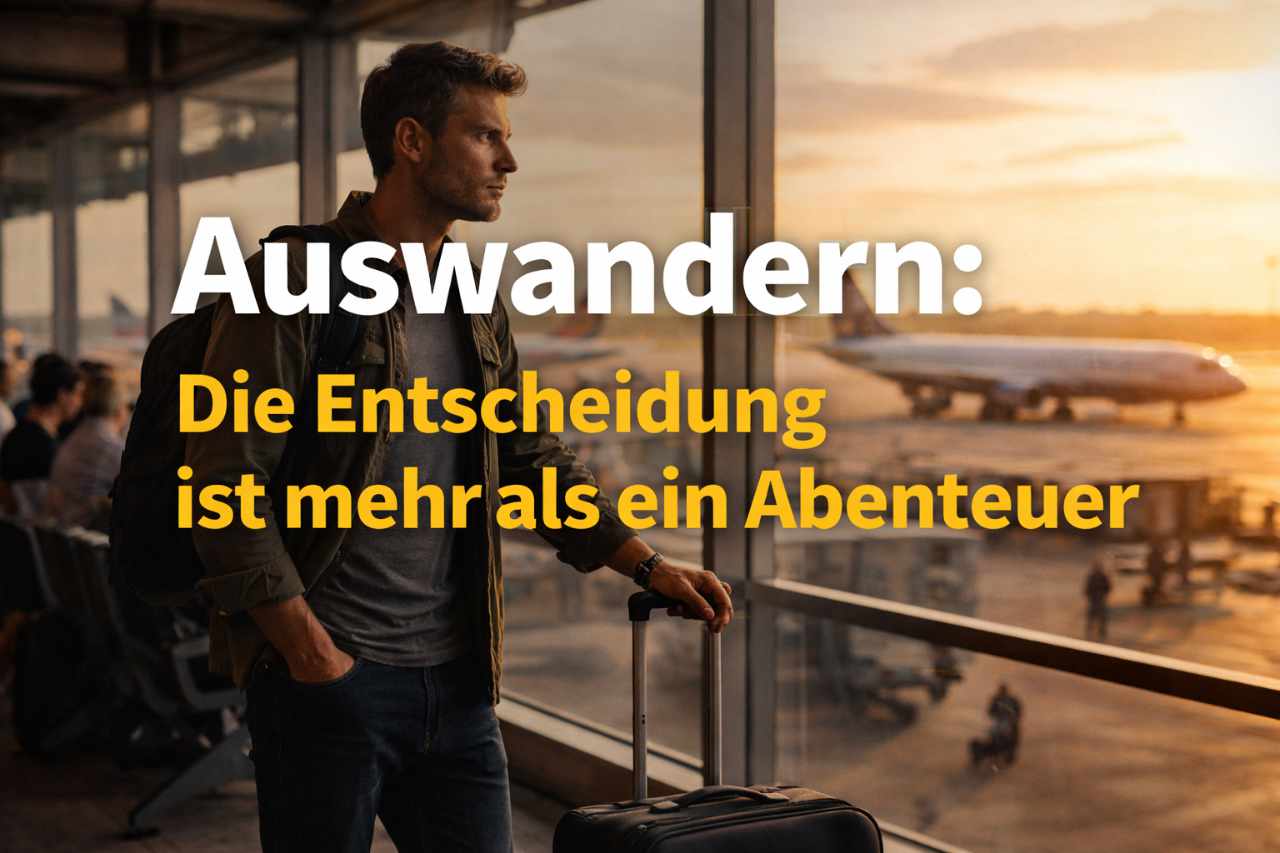 Auswandern Entscheidung Mann am Flughafen nachdenklich
