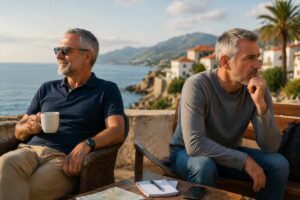 Zwei ältere Männer im Ausland – einer entspannt mit Kaffee, der andere nachdenklich und unsicher