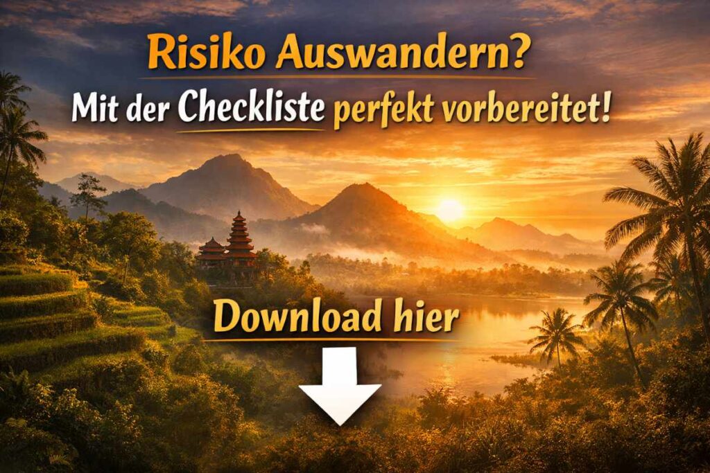 Asiatische Landschaft mit Text Auswandern Checkliste herunterladen und Pfeil nach unten