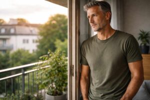 Älterer Mann mit grauen Haaren steht am Balkon und schaut nachdenklich in die Ferne