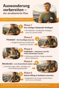 Infografik zeigt die 5 Phasen der Auswanderung Vorbereitung von Zeitplanung bis Alltag im Ausland