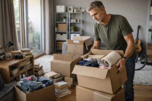 Älterer Mann packt Kartons und sortiert seine Sachen für die Auswanderung aus