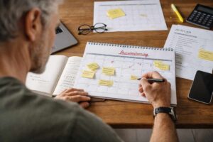 Älterer Mann plant seine Auswanderung mit Kalender, Notizen und Zeitplan am Tisch