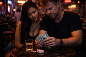 Mann zählt Geld in einer Bar in Südostasien während eine Frau daneben sitzt und zuschaut