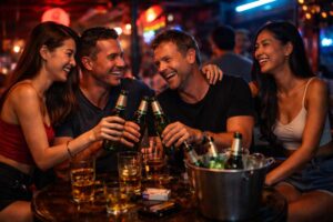 Männer und Frauen lachen gemeinsam in einer Bar in Südostasien und stoßen mit Bier an