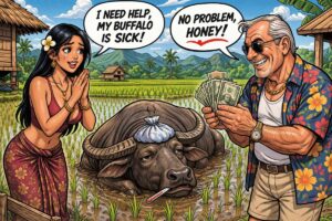 Karikatur einer jungen Frau im Reisfeld mit krankem Büffel und einem älteren Mann, der Geld anbietet