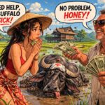 Karikatur einer Frau im Reisfeld mit krankem Büffel und einem Mann, der Geld anbietet