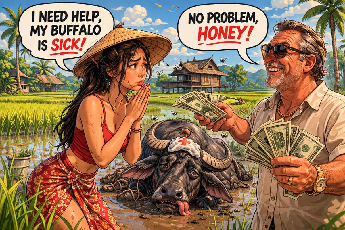 Karikatur einer Frau im Reisfeld mit krankem Büffel und einem Mann, der Geld anbietet