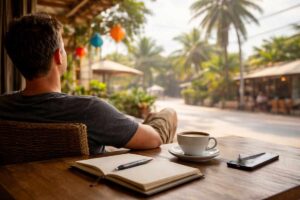 Person sitzt entspannt in einem Café im Ausland mit Kaffee und Notizbuch