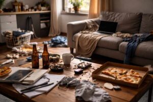 Unordentliche Wohnung mit Essensresten, Kleidung und Chaos auf dem Tisch