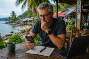 Älterer Mann schaut nachdenklich auf sein Handy im Ausland – unsicheres Einkommen im Ausland
