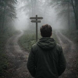 Person steht an einer Weggabelung und muss eine Entscheidung treffen