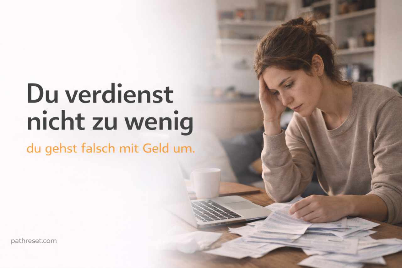 Frau sitzt nachdenklich vor Rechnungen und erkennt seinen falschen Umgang mit Geld