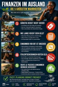 Infografik zu Finanzen im Ausland mit fünf wichtigsten Punkten wie Kosten, Einkommen und Rente