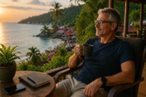 Älterer Mann sitzt entspannt mit Kaffee und Blick aufs Meer im Ausland – finanzielle Sicherheit im Ausland