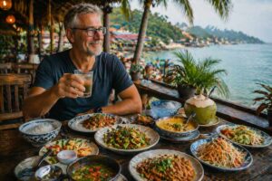 Älterer Mann genießt günstiges Essen im Ausland in einem Restaurant am Meer