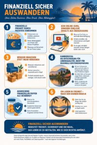 Finanziell sicher auswandern Infografik mit Tipps zu Frühpension, finanzieller Puffer und Leben im Ausland