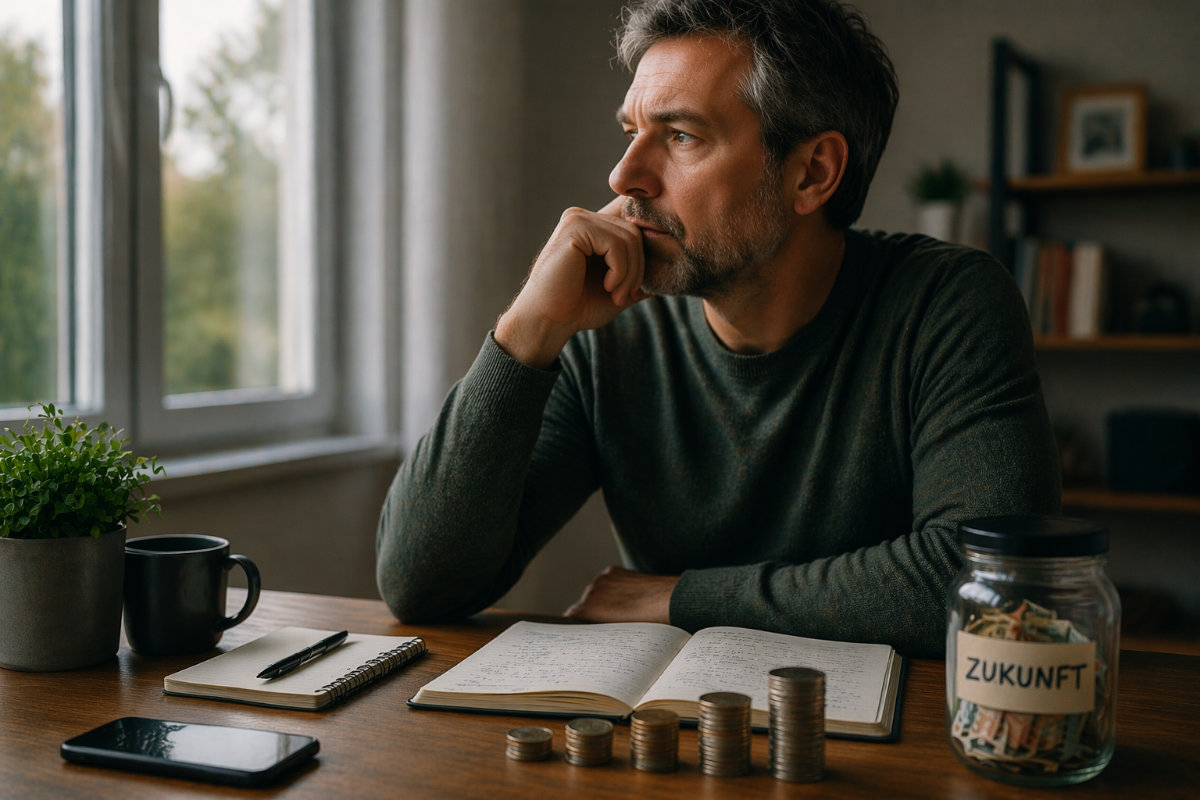 Älterer Mann sitzt nachdenklich am Tisch mit Notizen und Geld – Planung der Finanzen
