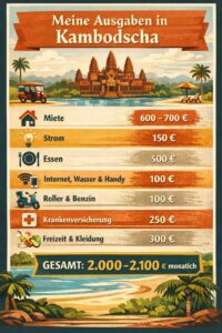 Monatliche Kosten beim Auswandern nach Kambodscha mit Übersicht zu Miete, Strom, Essen und Gesamtbudget von 2000 bis 2100 Euro