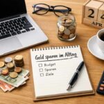 Geld sparen im Alltag am Schreibtisch mit Laptop und Notizen